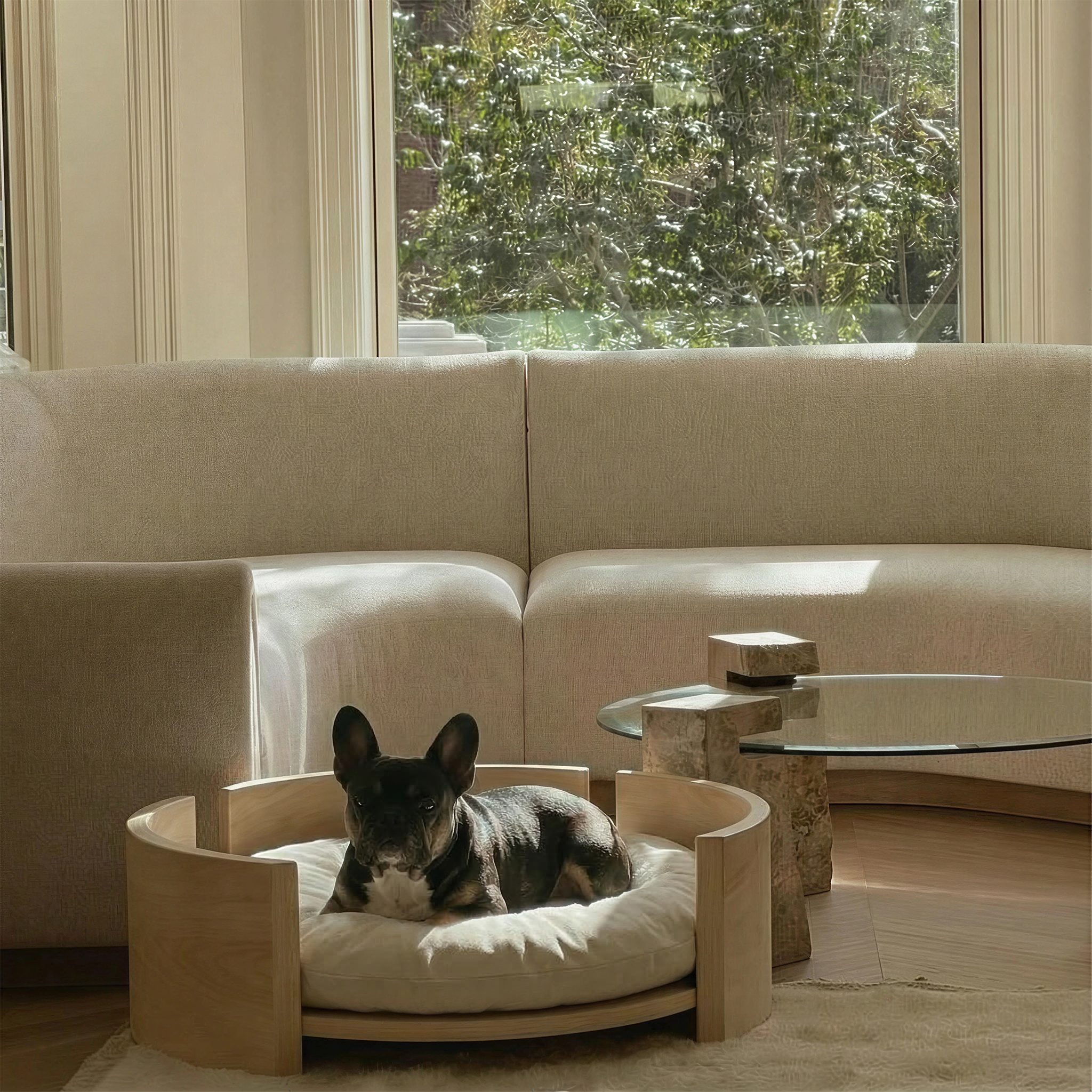 Cama Redonda de Madera de Fresno Maciza para Mascotas