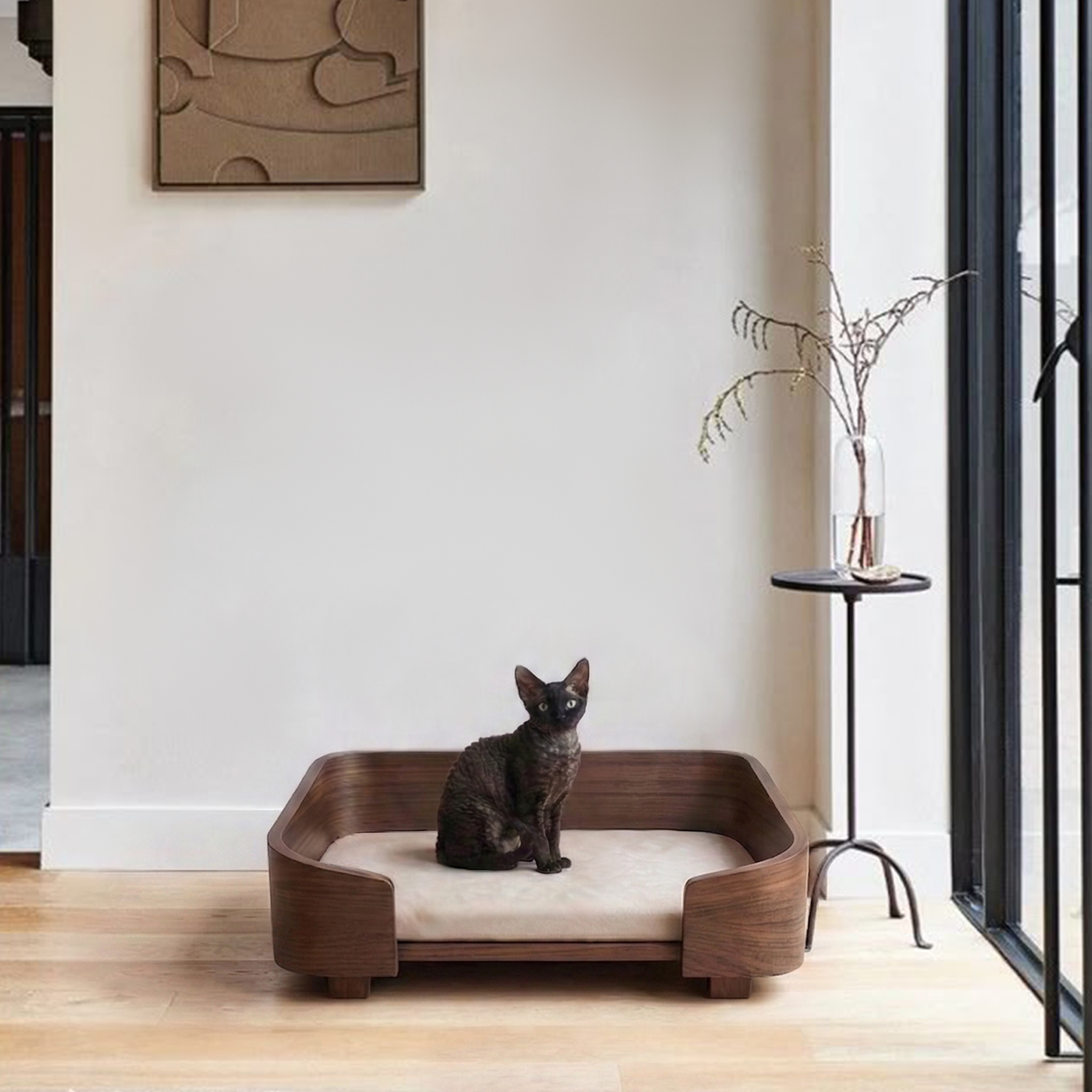 Cama cuadrada de nogal macizo para mascotas
