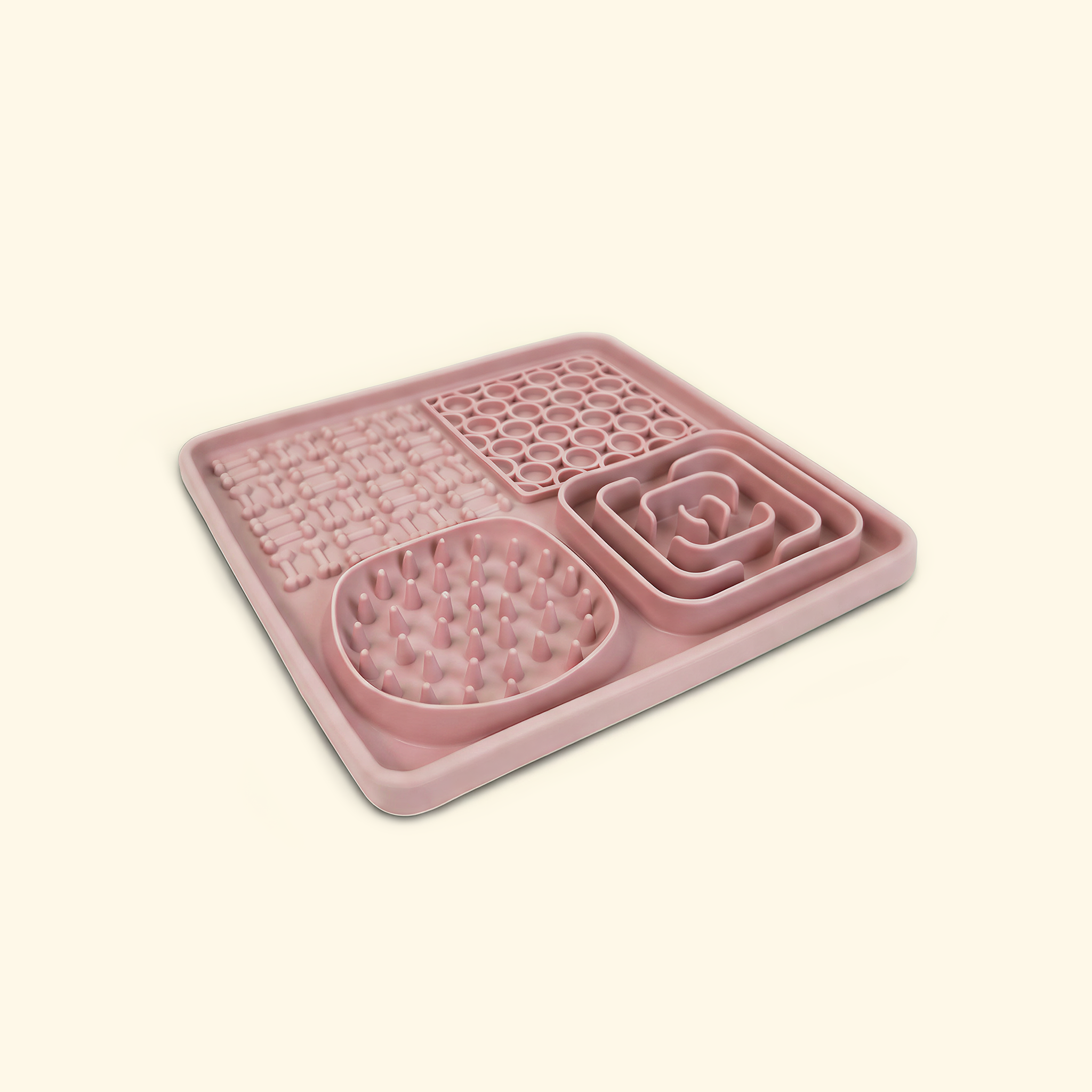 Square pet lick mat with textured slow-feed zones