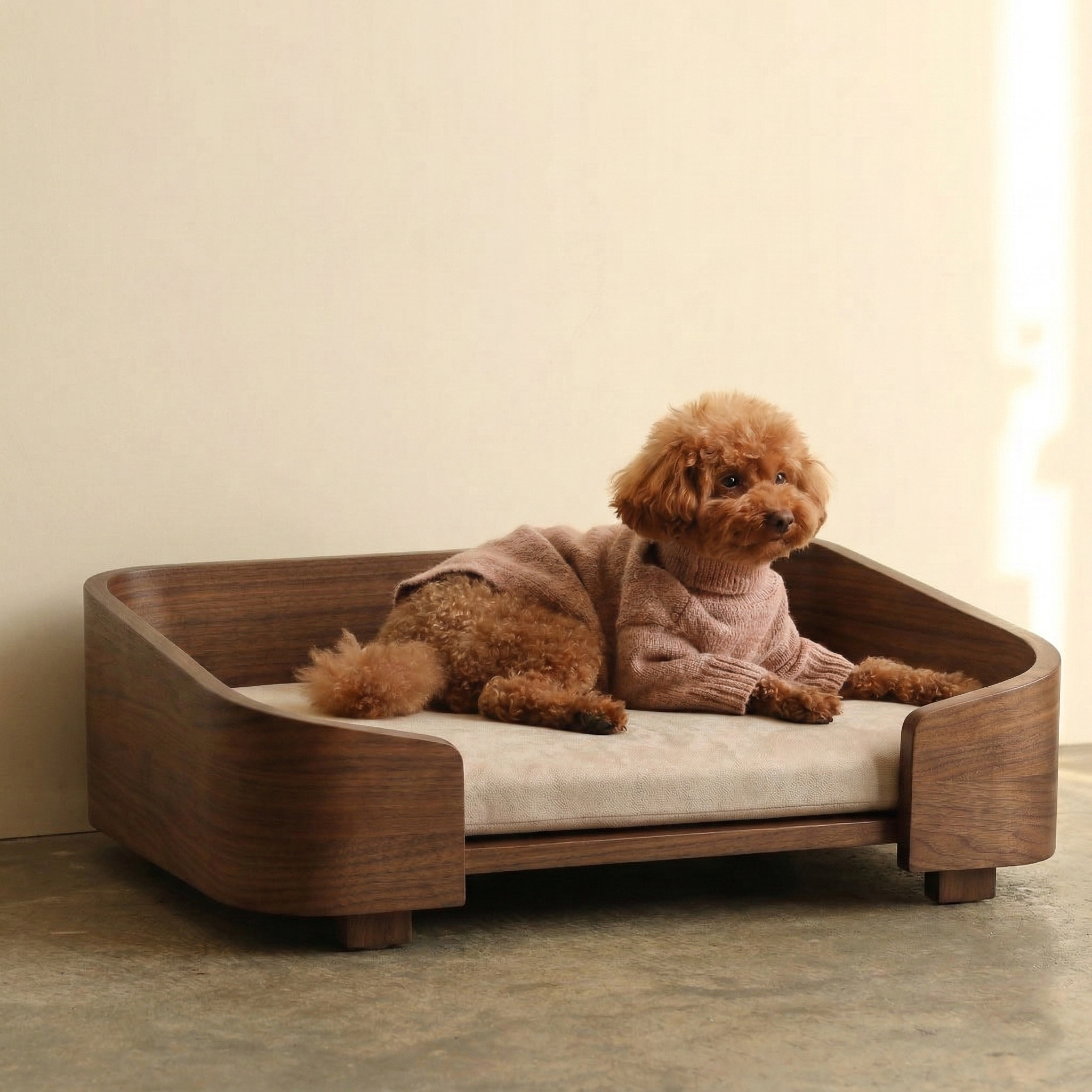 Cama cuadrada de nogal macizo para mascotas