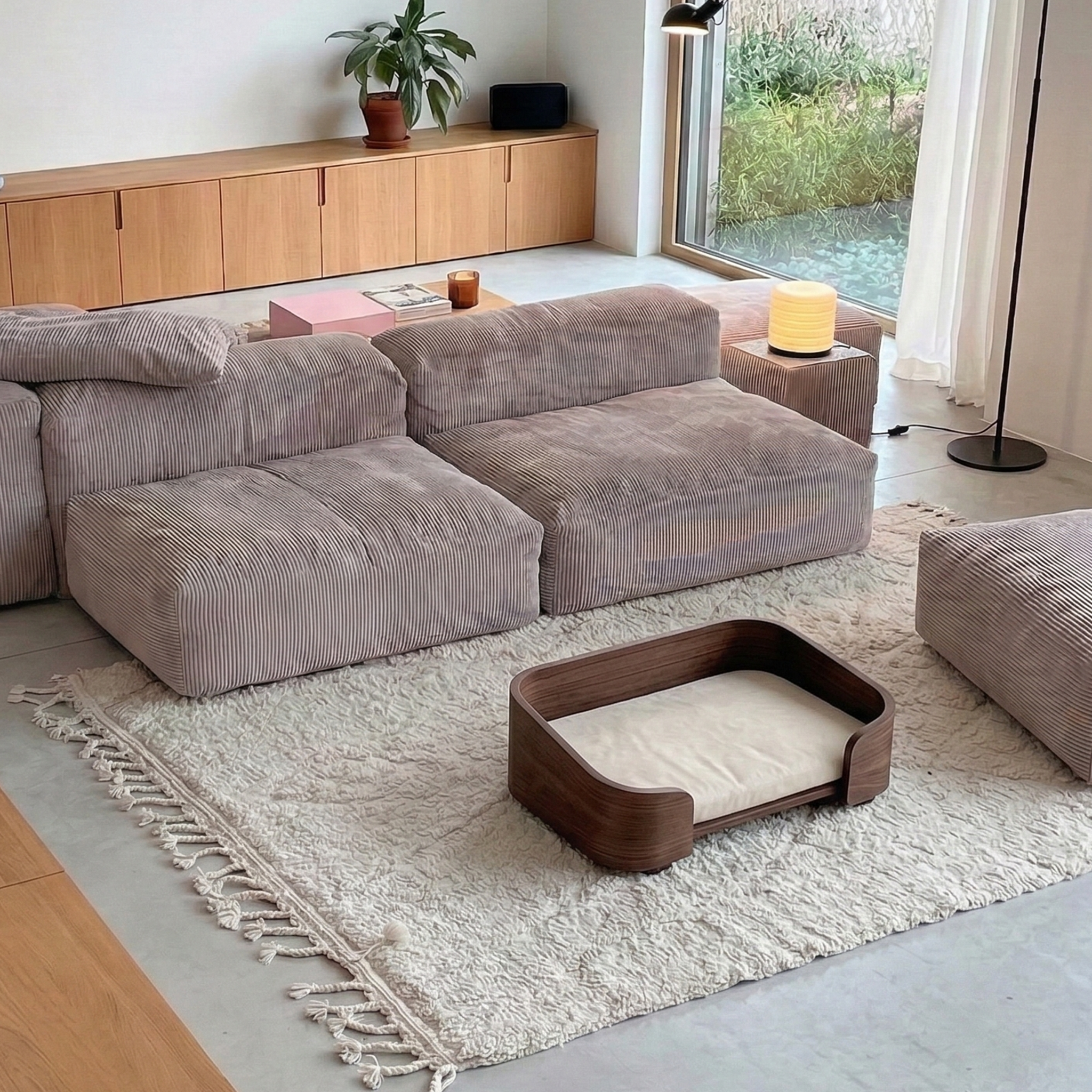 Cama cuadrada de nogal macizo para mascotas