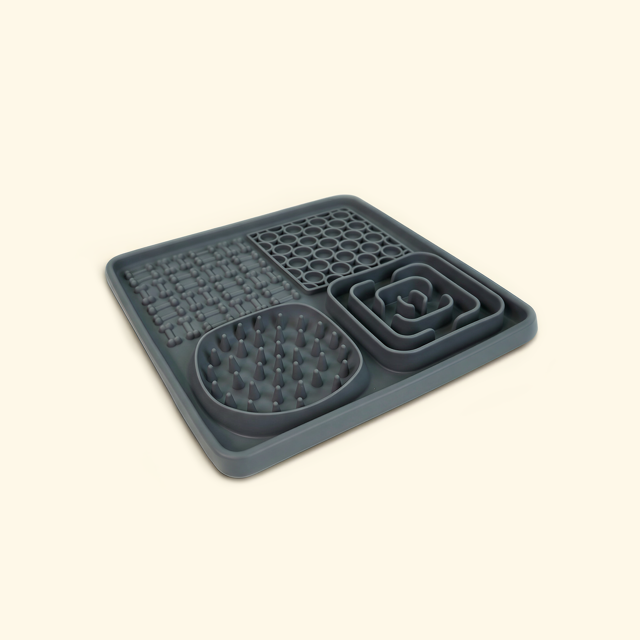 Square pet lick mat with textured slow-feed zones