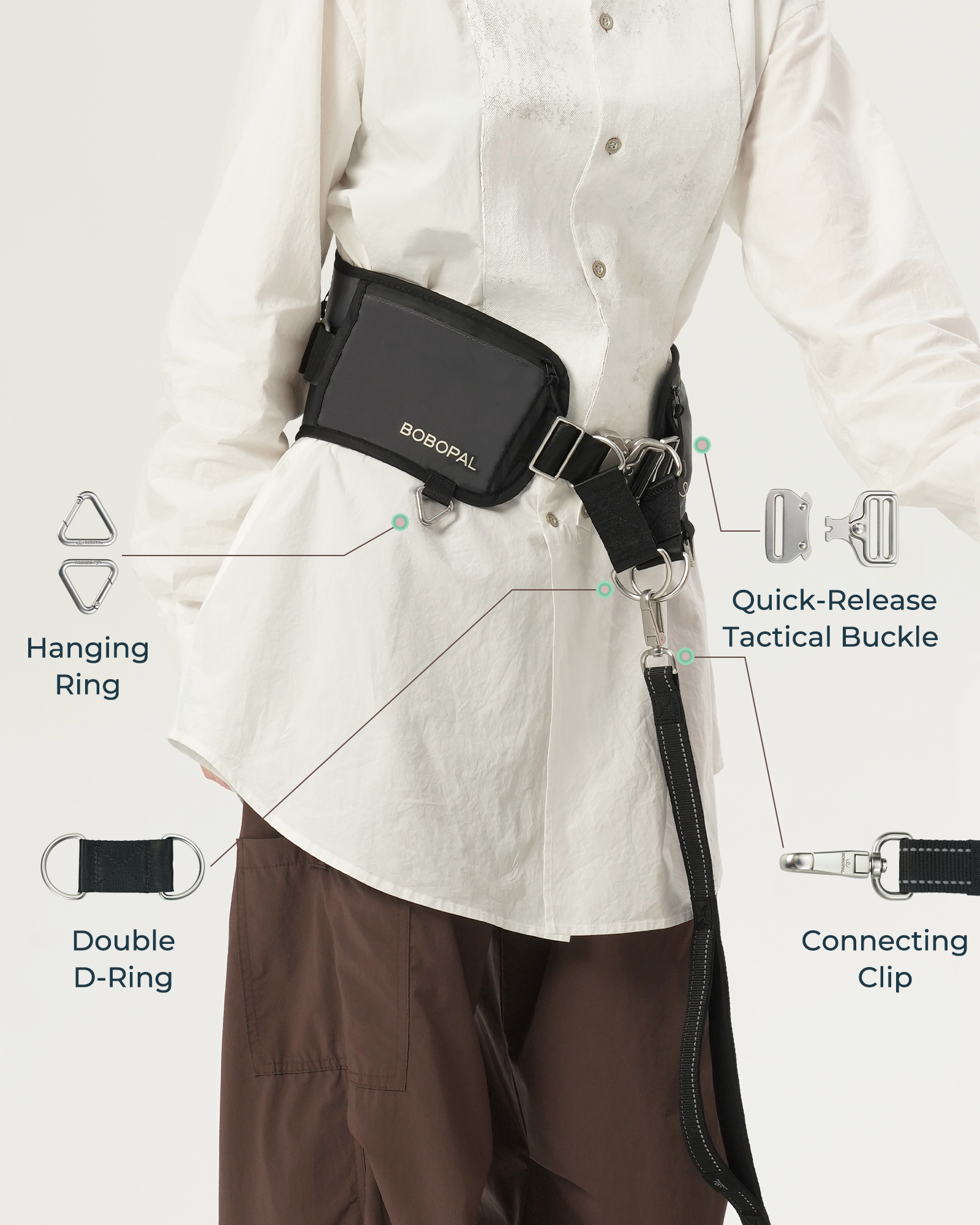 Durable zinc alloy components with a 360° tangle-free clip and reflective strips for nighttime visibility.