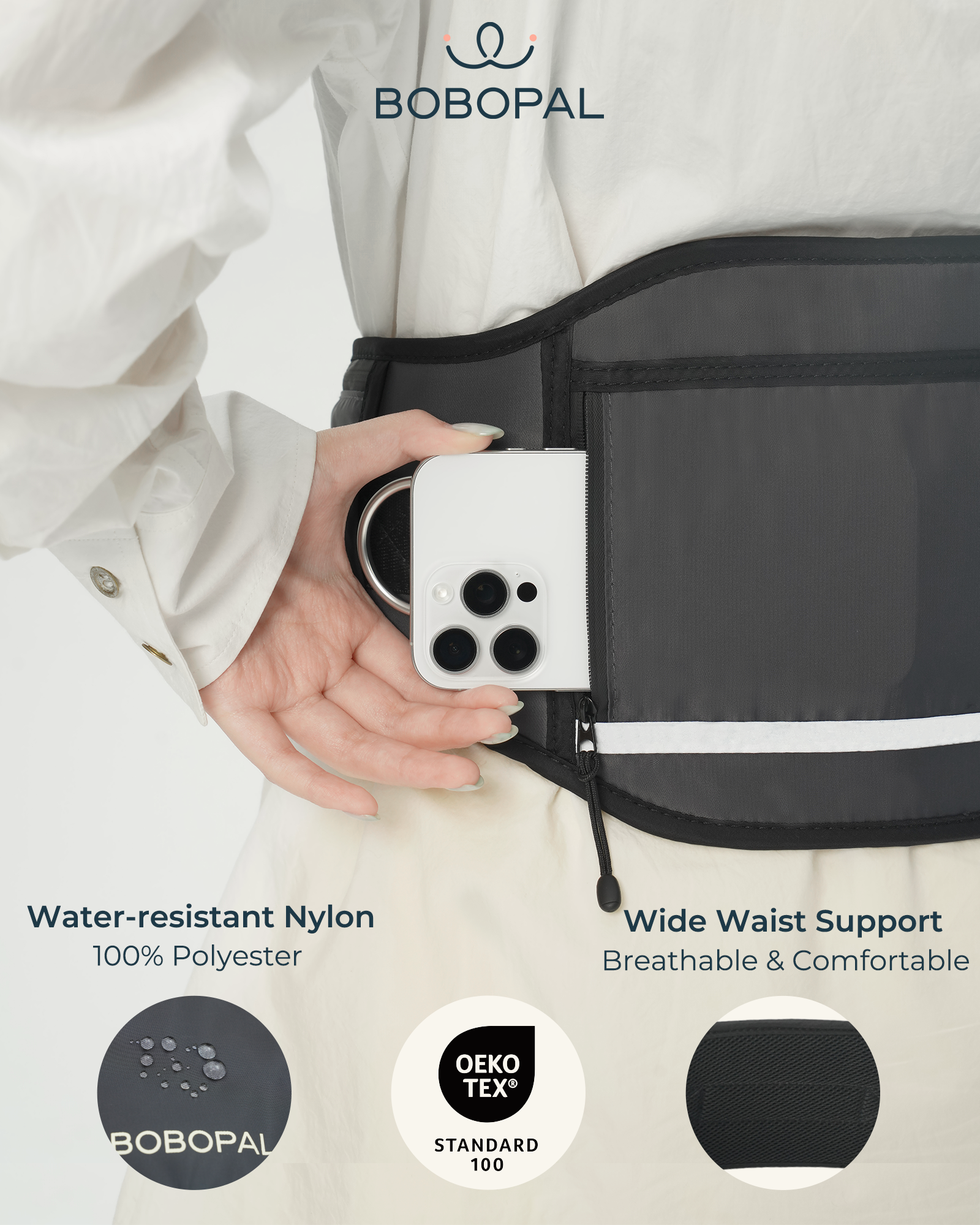 Designed as a hands free leash with storage—rear pocket fits phones, plus two zippered pockets for keys, treats, or waste bags.